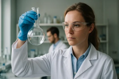 Nő laboratóriumban, kémcsőben lévő folyadékot vizsgál.