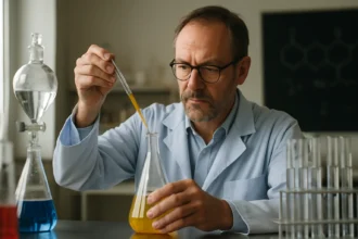 Kémikus laboratóriumban kísérletet végez