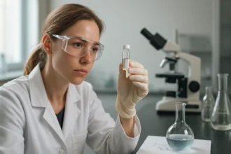 Női tudós laboratóriumban xenon-difluorid vizsgálatával.