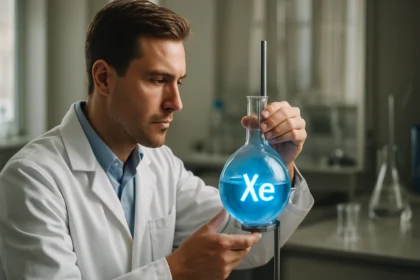 Kémikus xenon gázzal dolgozik laboratóriumban, Xe képlettel.
