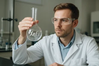 Kémikus a xenon-hexafluorid (XeF6) vizsgálatakor laboratóriumban.