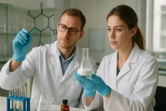 Két kutató xantátokkal kapcsolatos kémiai kísérletet végez a laborban.