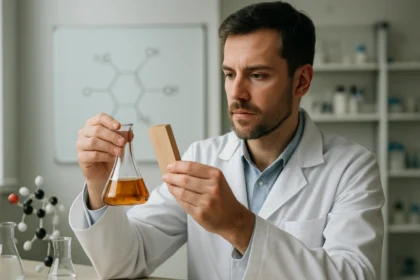 Kémikus woodfém és folyadék vizsgálata laboratóriumban