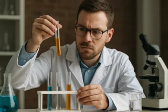 Kémikus a xantoprotein-reakció kísérletében, oldatok elemzése.