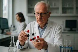 Kémikus makromolekulák szerkezetét vizsgálja laboratóriumban.