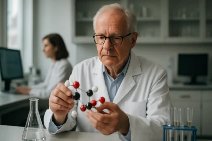 Kémikus makromolekulák szerkezetét vizsgálja laboratóriumban.