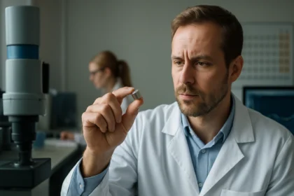 Kémikus volfrám mintát vizsgál a laboratóriumban