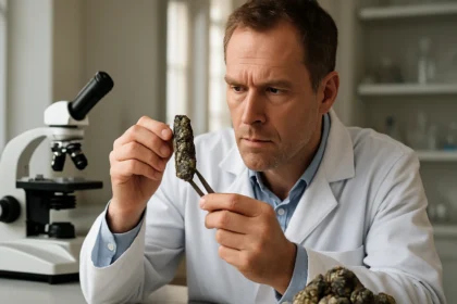 A tudós kovellin réz-szulfidot vizsgál egy mikroszkóp mellett.