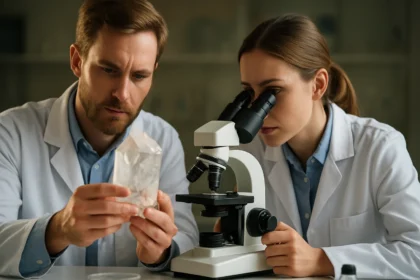 Két kutató kristályt vizsgál egy mikroszkóppal laboratóriumban.