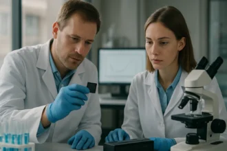 Két tudós vizsgál egy programozható csak olvasható memóriát laboratóriumban.