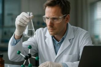 Laboratóriumban dolgozó vegyész tetraklór-metánnal