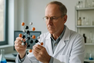 Kémikus molekulamodellel a laborban, Sir Robert Robinson inspirációja.