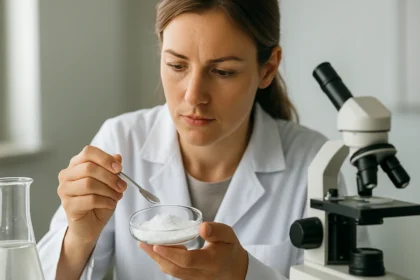 A nő laboratóriumban, butilált hidroxi-anizol vizsgálata egy mikroszkóp mellett.