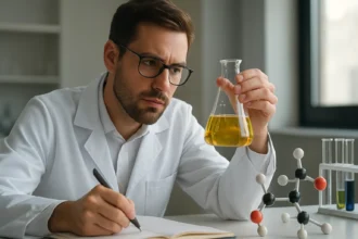 Kémikus bróm-oxosavakat vizsgál, laborban kémcsővel.