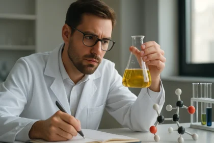 Kémikus bróm-oxosavakat vizsgál, laborban kémcsővel.