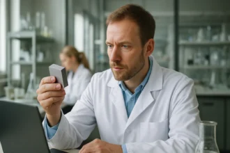 Egy kutató az AJAX fém példaanyagát vizsgálja laboratóriumi környezetben.