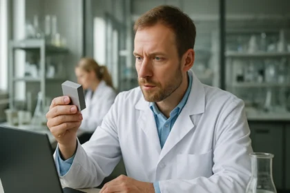 Egy kutató az AJAX fém példaanyagát vizsgálja laboratóriumi környezetben.