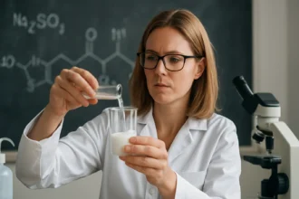 Női kémikus dinátrium-szulfitot mér be laboratóriumban