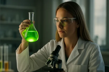 Laboratóriumi kutató fluoreszcens zöld folyadékkal