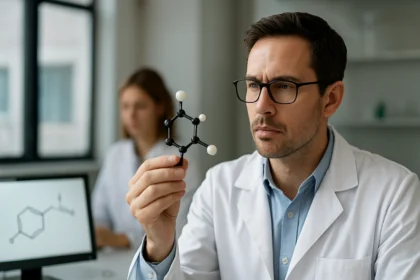 Kémikus a fenil-ion szerkezetét vizsgálja a laboratóriumban.