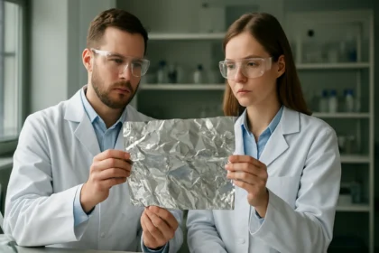 Két kutató fémfóliát vizsgál laboratóriumban