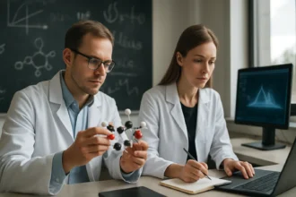 Két kutató kvantumkémiai modell építésén dolgozik laboratóriumban.