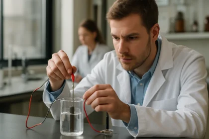 Fiatal kémikus kísérletezik galvan elem működésével laboratóriumban.