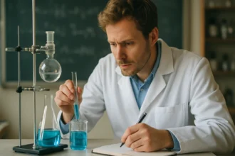 Kémiai kísérletet végző kutató laboratóriumban.