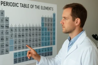 Férfi, aki a kémiai elemek periódusos rendszerét nézi.