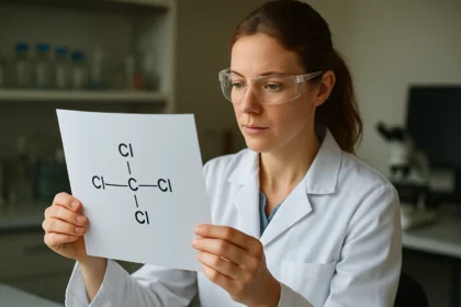 Tetrametilén-klorid szerkezeti képlete laboratóriumban, kémikus nővel.