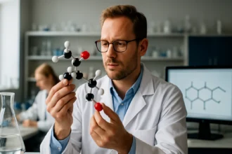 Kutató az izociánsav molekuláját vizsgálja laboratóriumban