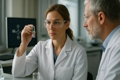 Két tudós a laboratóriumban, hidrogén-jodidot vizsgálva.