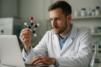 Kutató a tetrametilén-oxid molekuláját vizsgálja laboratóriumban.