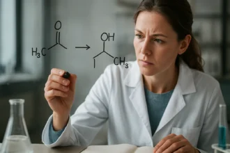 Női kémikus a keto-enol tautomerizmus folyamatát elemzi.