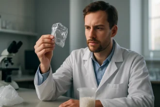 Laboratóriumi szakember LDPE műanyag csomagolást vizsgál