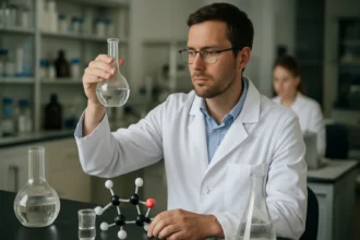 Kémikus metil-etil-ketonnal a laboratóriumban