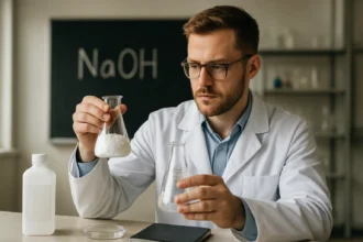 Vegyi kísérlet nátrium-hidroxiddal és laboratóriumi felszereléssel