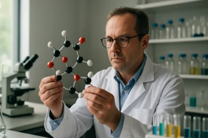 Kémikus molekulamodellel a laboratóriumban