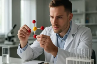 Kémikus a tetraoxo-kénsav molekuláját tanulmányozza laboratóriumban.