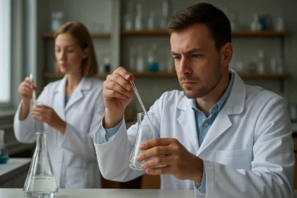 Két tudós laboratóriumban, közömbösítési hő mérése során