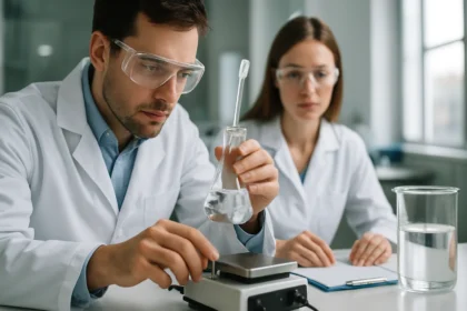 Két kutató a Natta-eljárás kémiai polimerizációs technológiáját vizsgálja laboratóriumban.