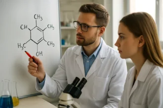 Kémikusok szerves vegyületek struktúráját magyarázzák a táblán.