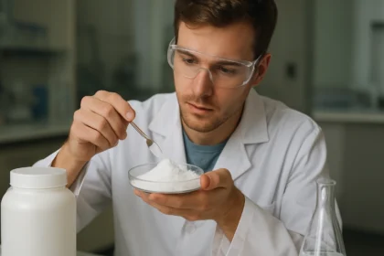 Laboratóriumi kísérlet titán-dioxiddal, fehér por mérése.