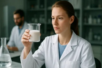 Nő laboratóriumban triammonium-foszfátot vizsgálva