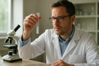 Kémikus laboratóriumban realgárt vizsgál.