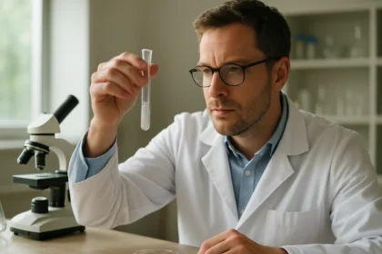 Kémikus laboratóriumban realgárt vizsgál.