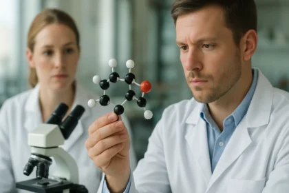 Két kutató a tetraterpenoidok molekuláris szerkezetét vizsgálja.