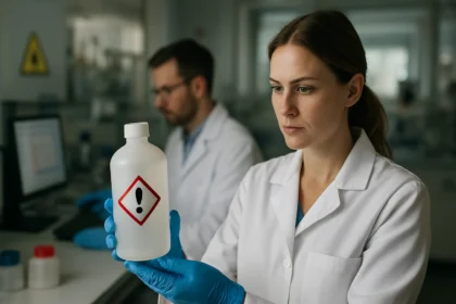 Laboratóriumi dolgozó veszélyes anyaggal dolgozik, figyelmeztető jelöléssel.