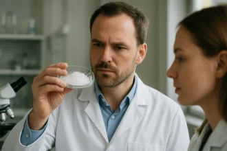 Két kémikus a szulfidokkal végzett laboratóriumi munkán.