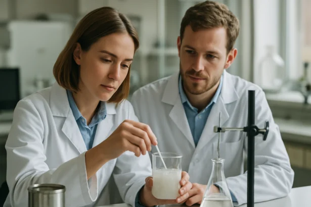 Két kutató kémiai folyamatot vizsgál laboratóriumi környezetben